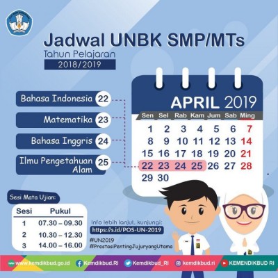 Jadwal Ujian Nasional Berbasis Komputer SMP/MTs Tahun Pelajaran 2018/2019 - 20190319